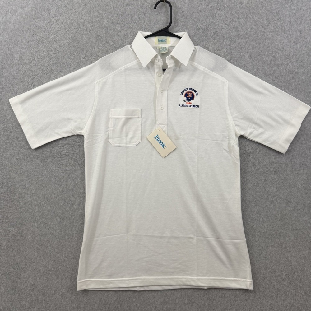 Vintage Denver‎ Broncos Polo Shirt Men's Medium White Embroidered 80s USA Etonic